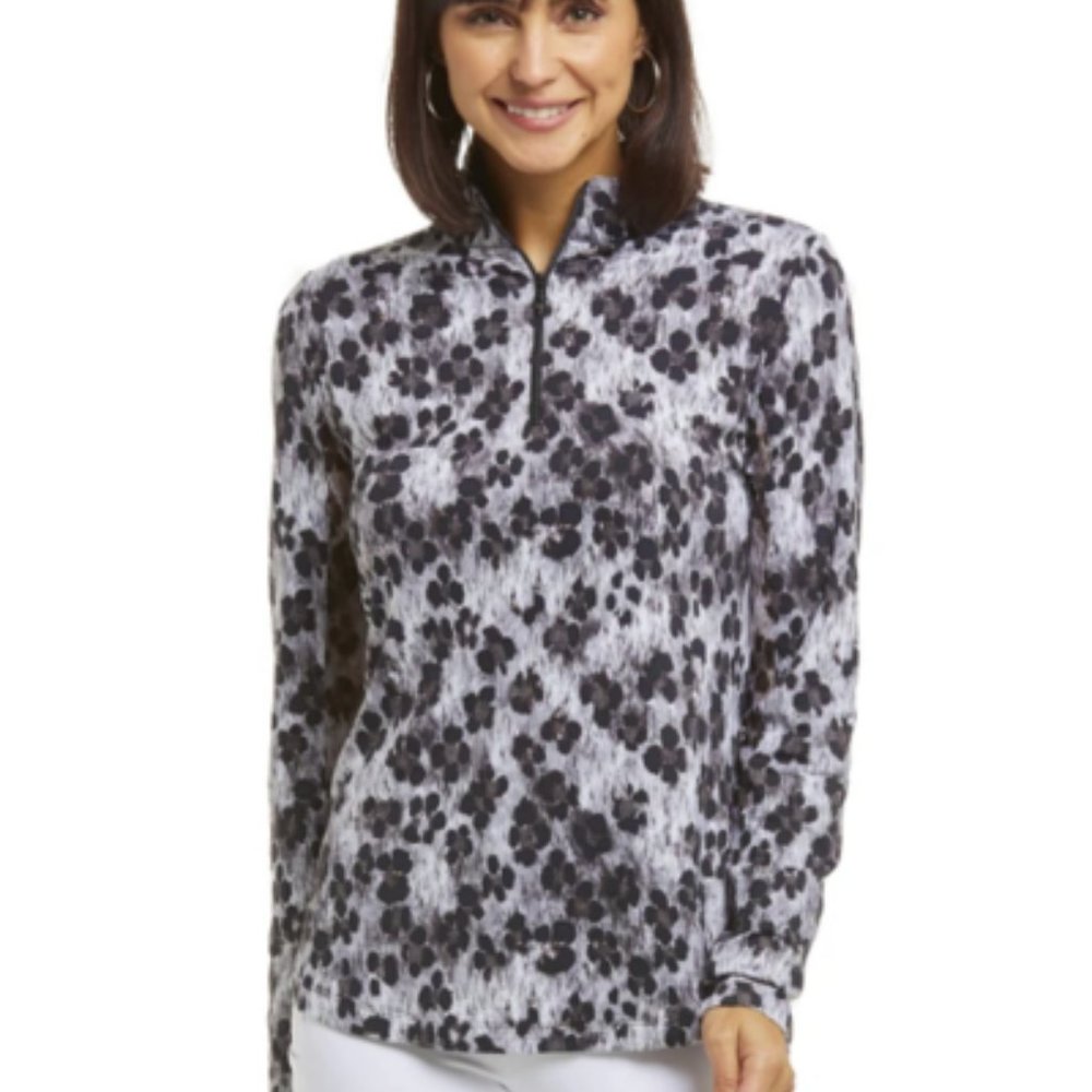NWT IBKUL Long Sleeve 1/4 Zip Mock Neck Top UPF 50+ Sun Golf Le Leopard Gray L